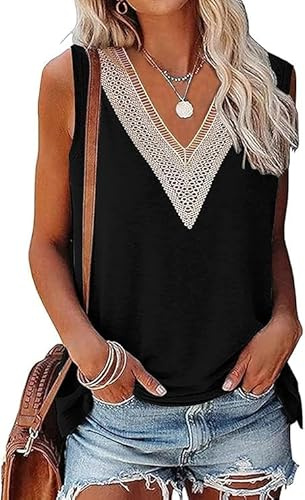 Noir Top Femme Chic et Élégant Coton col V 2026 Vêtements Tunique Décontractés sans Manche D'été Tee Shirt Débardeur Dentelle