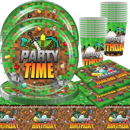 Gioco Tema Party Stoviglie,Set Di Accessori Per Feste Da Gioco,Decorazioni Gioco Stoviglie per Compleanno Tovaglia Decorazioni Torta Piatti Carta Tovaglioli 20 Ospiti