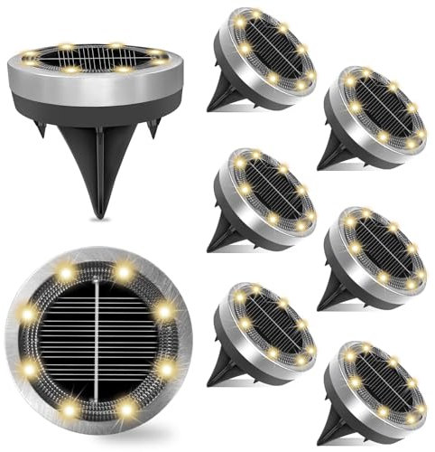 Klein Solar Bodenleuchten Aussen, 8 Stück 8 LED Solarleuchten für Außen, Solarlampen für Außen, Led Solar Gartenleuchten, Warmweiß, IP65 Wasserdicht, Edelstahl, Geeignet für Rasen, Gehweg, Terrasse