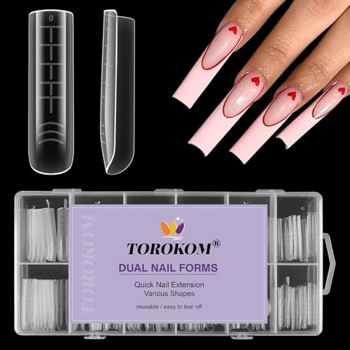 TOROKOM Nail Dual Forms for Poly Gel, 120P Quick Extension Molds Clear Tips, Full Cover Reusable Nail Forms for Builder Gel Manicure Design Salon & DIY