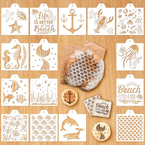 Whaline 15 Pcs Summer Ocean Cookie Stencils Nautical Fish Mermaid Airbrush Painting Stencils with Bead Chain Decorative Baking Templates for Biscuit Cake Party DIY Crafts
