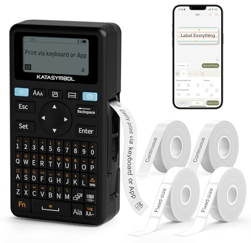 SUPVAN E11 Keyboard & Bluetooth Label Maker Machine with 4 Tapes, Black | Rechargeable, Versatile App with 30+ Fonts and 660+ Icons, Minimal Margin, Inkless, for School, Home, Kitchen, Office