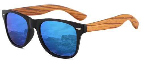 Long Keeper Gafas de Sol Madera Hombre Mujer Ultraligero Gafas de Sol Retro Cuadradas Lente Espejo Montura Madera Clasicas Unisex Gafas Conducir Pesca UV400 (Montura Negro - Lentes Espejo Azul)