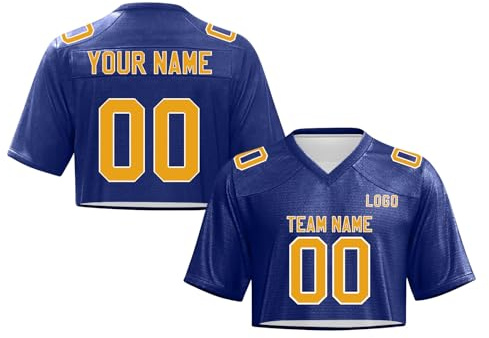 Personnalisé Sport Maillot de Football Américain pour Femmes,Crop Top Jersey avec nom et numéro, T-Shirts Manches Courtes à Séchage Rapide