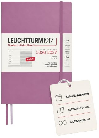 LEUCHTTURM1917 Veckokalender 2027 A5 med anteckningsbok, linjerad – möteskalender engelska, 18 månader juli 2026 – december 2027, Dusty Rose, Softcover 210 x 145 mm, veckoöversikt vänster +