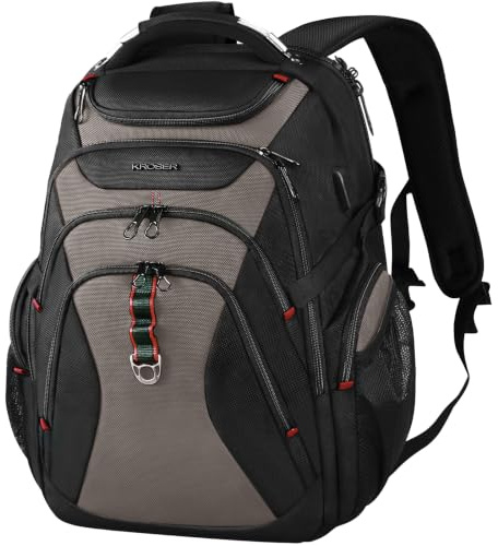 KROSER Mochila para ordenador portátil de 17,3 a 18,4 pulgadas, de viaje, XL, de negocios, negro y marrón claro., 17.3 Zoll