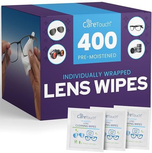 Care Touch Lens Wipes for Eyeglasses- 400 Count Individually Wrapped Pre- Moistened Wipes, 5 x 6 Inch- Camera Lens, Sunglasses and Glasses Cleaner,- Gentle and Portable for Cleaning of Optical Devices