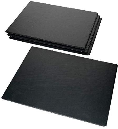 MamboCat Lot de 4 plateaux en ardoise - 40 x 30 cm - Noir - Plat à sushi avec bord brisé rustique - Assiette à dessert - Plateau décoratif en granit