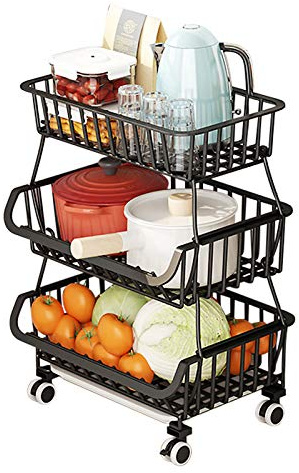 BRIAN & DANY Cestas de Frutas y Verduras Colgantes de 3 Niveles con Rueda-Organizador de La Cesta, 5 pcs S-Hooks, Pizarras Extraíbles, Cocina, Frutas, Verduras, Artículos de Tocador, Negro