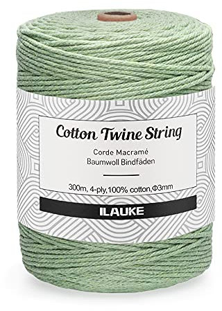 Makramee Garn 3mm Baumwollkordel 300m Natur Makramee Schnur Baumwollseil, 4-lagig Baumwollgarn, Baumwollfadenseil für DIY Projekte geeignet Blumenampel Basteln Pflanzenbügel, Garn Olivgrün
