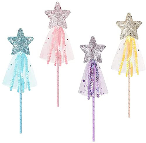 VOSSOT 4Stück Prinzessinnen zauberstab, Feenstab mit glänzendem fünfzackigem Stern und skaliert, voller Märchenstil, geeignet für Weihnachtsfeiern und Cosplay (4 Stück)