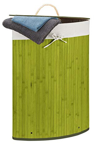 Relaxdays Cesto Ropa Sucia Esquinero, Cubo Colada Plegable con Tapa, Canasta, Bambú, 65 x 49,5 x 37 cm, Color Verde