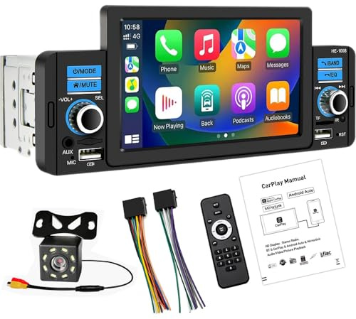 1 Din Apple CarPlayer Android Auto Stereo Media Receiver 5 Pantalla táctil Radio de coche con soporte Bluetooth Manos libres Llamadas FM SWC USB AUX Mirror Link + 8 LED Cámara de respaldo