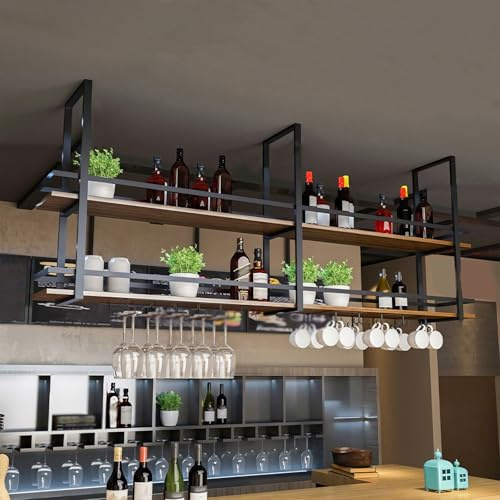 Botellero Colgante Techo, Soporte para copas de vino Colgante, 2 Niveles Soporte para Botellas de Metal de Gran Capacidad, Estante Multi Funcional para Vino para Bar Comedor Cocina 100×30×80cm