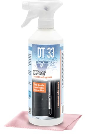DT33, Detergente e Disincrostante Anti goccia per box doccia e pareti in cristallo + vaporizzatore e Pannetto multiuso - 500 ml