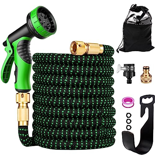 100FT Garden Hose Pipes with 10 Modes Water Spray Gun Flexible Expandable Hose Pipe Expanding Anti-Leakage Hose Pipes with Connector/Spray Gun/Hose Set Water Pipes for Garden Car Pet Cleaning(100ft)