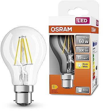 OSRAM LED STAR Classic A60 LECH para base B22D, forma de pera, FIL, 806 Lumen, Warm White (2700k), reemplazo de bombillas convencionales de 60 W, no Dimmable, 6 paquetes