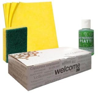 Kit pulizia casa Vacanze 3 Pezzi Detersivo piatti, spugna piatti, panno Per Residence, Case Vacanze, Appartamenti