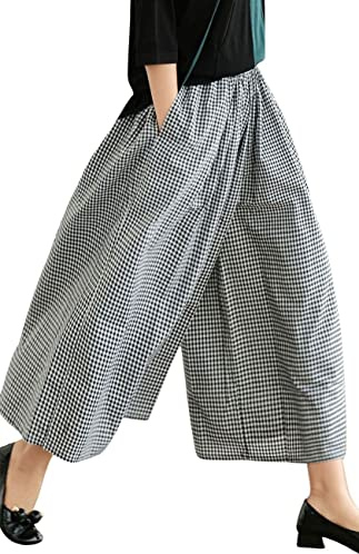 Chouyatou Pantalones de lino de algodón para mujer con cintura elástica, a cuadros, de pierna ancha, estilo capri, palazzo, Negro (Black Gingham), X-Large