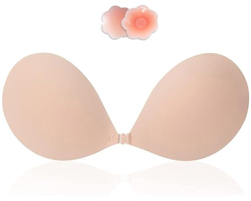 Lnmyic Soutien Gorge Dos Nu Invisible Adhesif Push up sans Bretelle Remonte Sein Adhesif Coque Adhesive (FR/ES, Taille de Bonnet & Taille du Soutien-Gorge, E, Beige)
