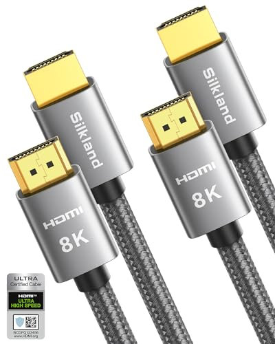 Silkland Câble HDMI 2.1 8K 2m, Lot de 2 Certifié Câble HDMI® eARC pour barre de son 48Gbps, 4K@120Hz, 2K@240Hz/144Hz, 8K@Hz, HDR10, Dolby Atmos, HDCP 2.3 pour PS5, Fire TV, HDTV, ordinateur portable