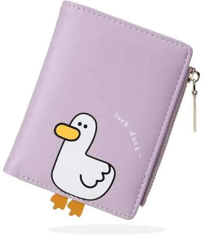 conisy Süß Geldbörse Damen Klein, Bifold Leder Portemonnaie Damen mit RFID Schutz, Geldbeutel Mädchen mit Reißverschluss Münzfach (Ente Lila)