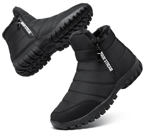 Snow Boots Men Winter Fur Lining Warm Ankle Booties with Zip Mid Calf Boots Thermal Anti-slip Outdoor Walking Hiking Shoes Black