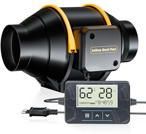 QiCrafe 100 mm Rohrventilator, Reinkupfermotor Leiser mit Doppelkugellager, 360 m³/h Lüfter mit Temperatur und Feuchtigkeitssensor und Timer, Abluftventilator für Growzelte Hydrokultur Keller Küche