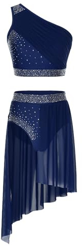 Oyolan Femme Ensemble Robe Patinage Artistique Asymétrique Justaucorps Gymnastique Danse Strass sans Manches Tenue Danse Contemporaine Bleu Marine L