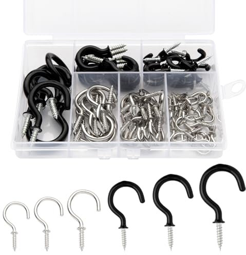 Tahbarshi Black Small Hooks Screw in,78PCS 6 Sizes Sliver Ceiling Metal Screw Hooks for Wood Multipurpose Vinyl Coated Screw-in for Hanging Plants, Cups, Utensils, Lights and for Indoor & Outdoor Use
