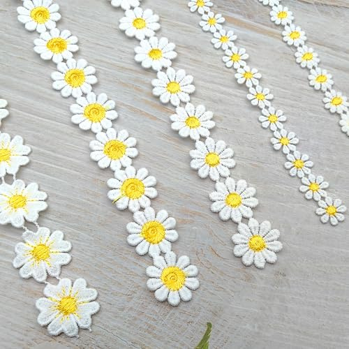 XCSJ 5 m 5 mönster spetsband tusensköna spetsband broderi kant blommor dekorband polyester bård och band för sömnad, kläder, hantverk, bröllopsdekoration (gul)
