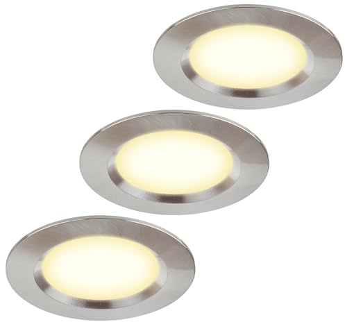 HCFEI 3er Set Möbelleuchte 12V ultra flach 3W LED-Einbaustrahler 55mm Lochausschnitt mit 2M Kabel IP44 Deckenspot für Spiegelschränke, Vitrinen, Möbel und Schränke (Edelstahl Gebürstet 3000K)