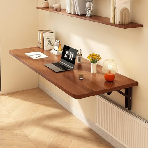 Wall Mounted Folding Desk, Wooden Foldable Breakfast Bar Table, Space Saving Floating Hanging Laptop Desk For Bedroom, Office, Balcony, Small Spaces (Brown, 60x40cm)