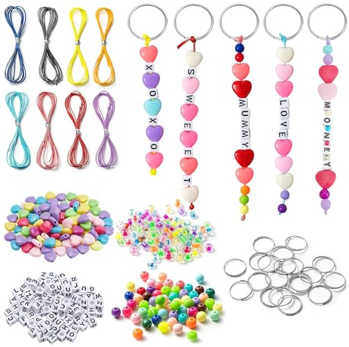 638 Pcs Keyring Making Kit Keychain Making Kit Including Heart & Letter Acrylic Seed Beads Iron Split Key Rings and Waxed Polyester Cord for DIY Making Keyring Decor Bracelets, Keyrings, Party Favors