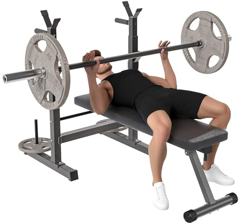HOMCOM Panca da Palestra Pieghevole con Supporto per Bilanciere Regolabile in 8 Posizioni, Panca Pesi in Acciaio e PU per Palestra Casa, Portata 220 kg, 140x73x98-122 cm, Grigio
