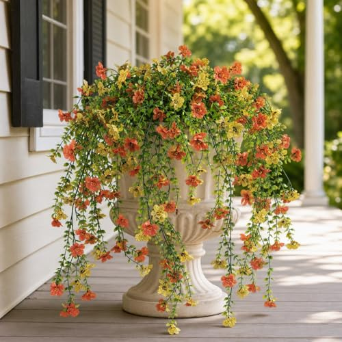 Fiori sospesi artificiali per esterni, 4 pezzi di decorazioni di piante finte, fiore di seta finta resistente ai raggi UV con foglie di eucalipto per fioriera esterna cortile portico patio balcone