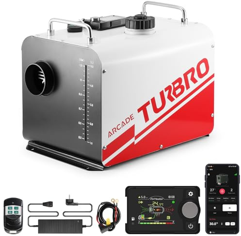 TURBRO Chauffage Diesel 8kW, Réservoir de 5L, Chauffage DC 12V/24V avec Affichage LCD Intelligent, Télécommande et Contrôle par Application Bluetooth, Minuterie Programmable pour Camping-car, Cam