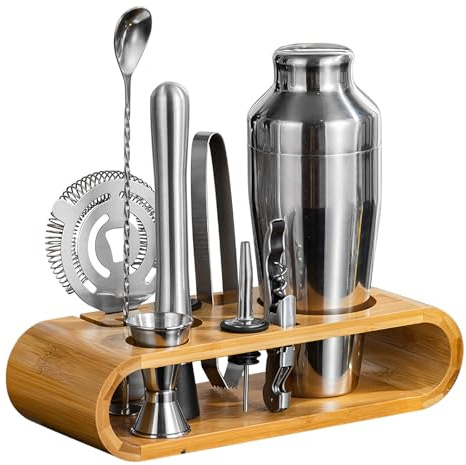 Kit da barman da 9 pezzi con supporto in bambù: set di shaker per cocktail per casa e bar, accessori da barista (M)