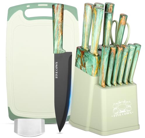 FIVE COWS Couteau Cuisine, 16 pièces, Bloc couteaux de cuisine avec Affûteur Intégré, avec planche a decouper, ciseaux de cuisine et couteaux de chef, Couteaux et Ustensiles de Cuisine(Vert)