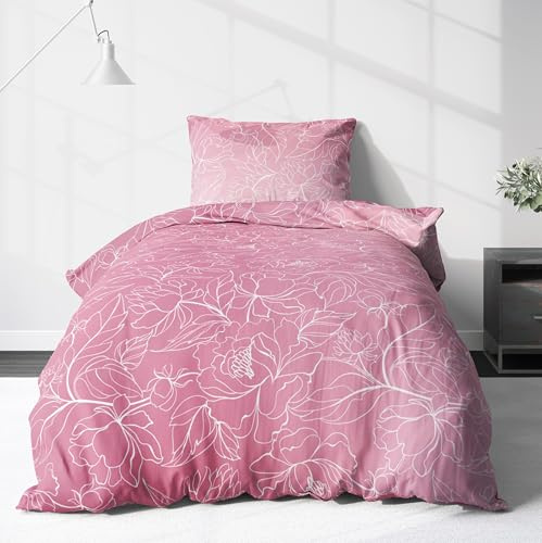 LINKHOFF Biber Bettwäsche Set 2tlg 135 x 200cm - Winterbettwäsche Altrosa Blumen Ranken-Motiv in Rosa Weiß - Fein-Biber 100% Baumwolle - 1x135x200 + 1x 80x80cm