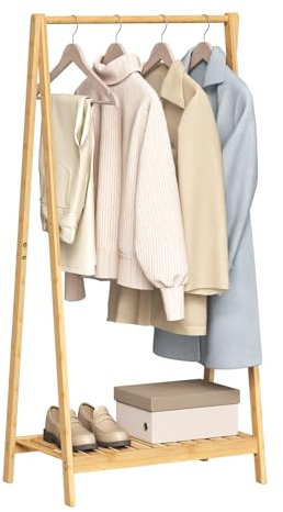 WOLTU Bamboo Clothes Rack with Shoe Shelf, Coat Rack Free Standing Clothes Rail for Bedroom Entryway Hallway, 60x37.5x121 cm