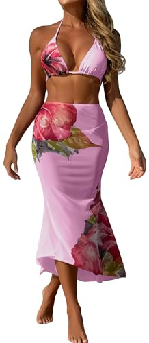 Ausing Women 3 Piece Bikini Sets with Long Skirt Halter Bikini Top Sexy Triangle Bikini Bottoms Beach Swimsuit Swimwear M Pink