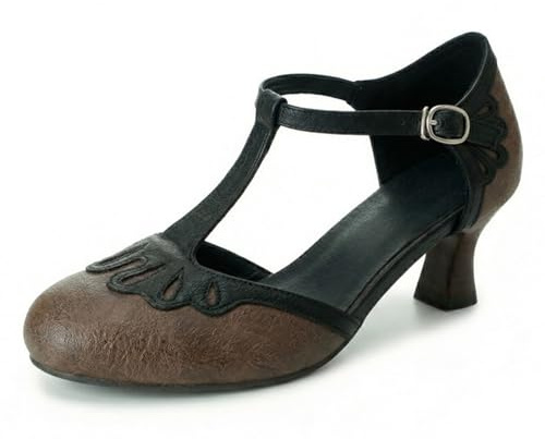 Vintage Mary Jane-pumps med T-rem kattunge häl runda tår tvåfärgad brogue cutout kvällsskor retro spectator court klackar för fest och vintage outfit