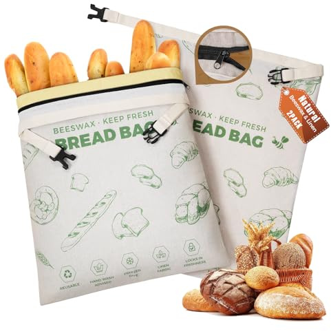 YARRAMATE Bolsas para pan de cera de abeja, reutilizables de lino con cierre. Mantienen fresca la barra. Grandes, seguras para congelador, ecológicas (43x33 cm, 2 uds.) (03 - Verde (con cremallera))