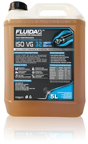 FLUIDAX Olio Idraulico ISO VG 32 HVI 5 Litri – Lubrificante Idraulico ad Alto Indice di Viscosità, Antiusura, Anticorrosione e Antischiuma – per Impianti Idraulici Industriali e Agricoli