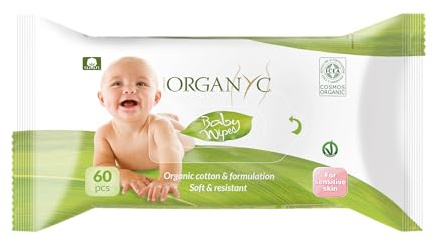 Organyc Lingettes Bébé 100% Coton Bio, Camomille, Peau Sensible, Testé Dermatologiquement, Avec Vitamine E, Douces & Délicates, 60 Unités
