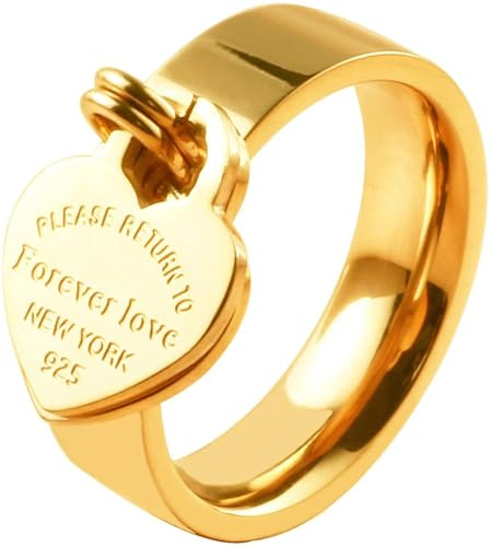 JINHUI Rings with Charms for Girlfriend, 6mm Heart Dangle Ring Graducation Gift 18k Gold Plated Ring Engraved Promise Ring Jewelry (Gold, 10)