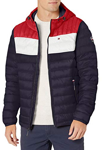 Tommy Hilfiger Men's Water Resistant Ultra Loft Filled Hooded Puffer Jacket Down Alternative Coat, Midnight/Ice/Red Flag Colorblock, L