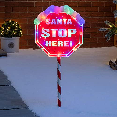 Christow Light Up Santa Stop Here Sign, Outdoor Christmas Path Stake Decoration, Flashing Multi Coloured LED, Battery Operated with Timer (63cm)