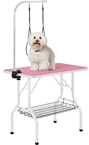 Yaheetech 36'' Adjustable Dog Grooming Table For Dogs/Cats w/Basket/Noose Tools Storage Rack Stainless Steel Arm Frame, Pink
